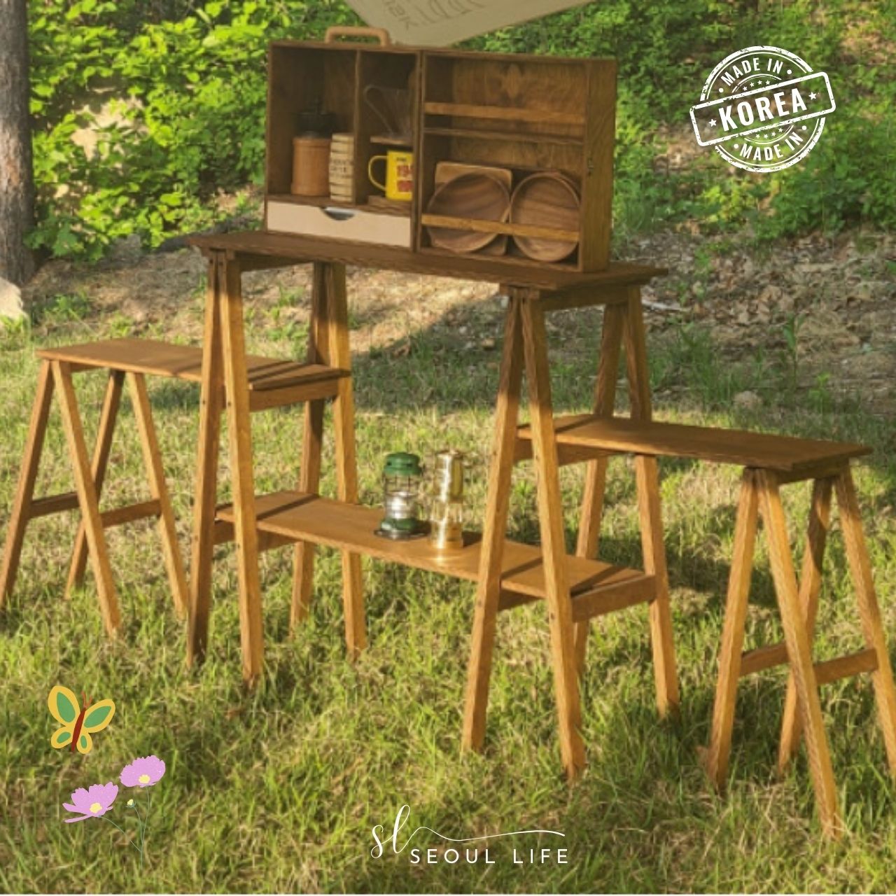 Camping wood Shelf table 4-tier, Made in Korea. Camping Gear