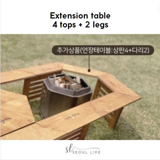 Wooden Hexagonal camping table, parasol stove, BBQ fire table, foldable & extendable table