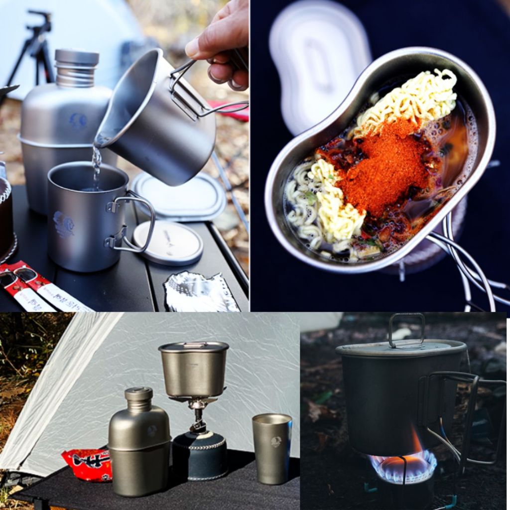 *Abenaki* Titanium Retro Water Bottle & Single Cooking Pot Set/ 1100ml water bottle & 700ml Pot & Sling Bag for camping