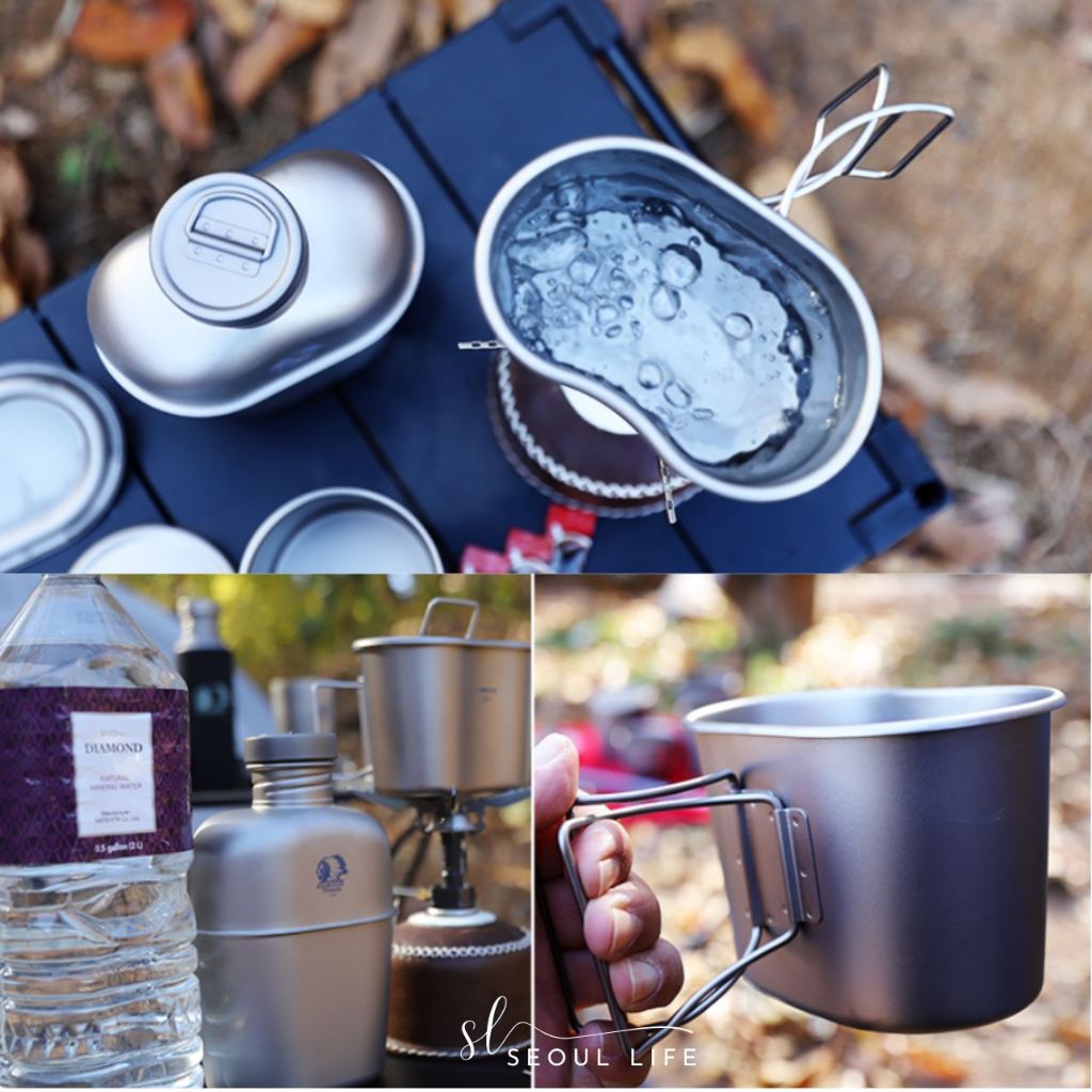 *Abenaki* Titanium Retro Water Bottle & Single Cooking Pot Set/ 1100ml water bottle & 700ml Pot & Sling Bag for camping
