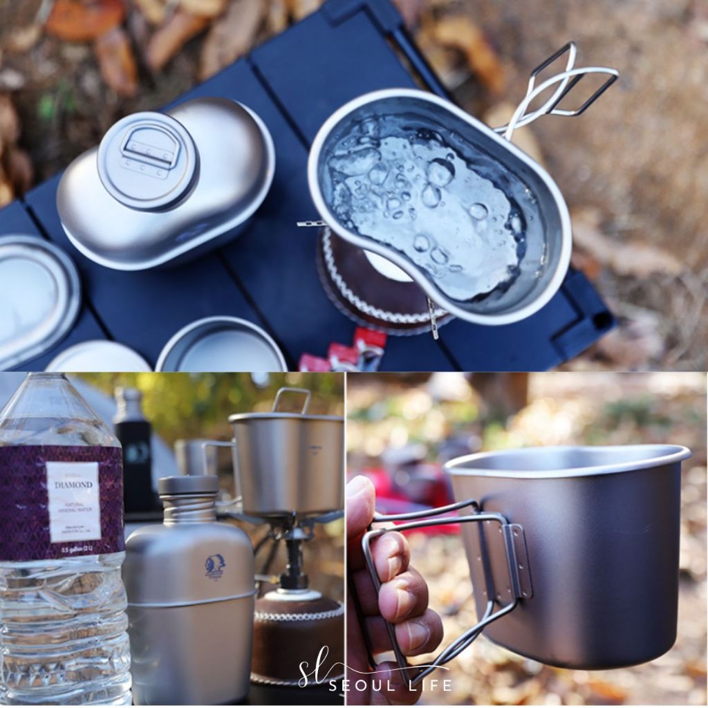 *Abenaki* Titanium Retro Water Bottle & Single Cooking Pot Set/ 1100ml water bottle & 700ml Pot & Sling Bag