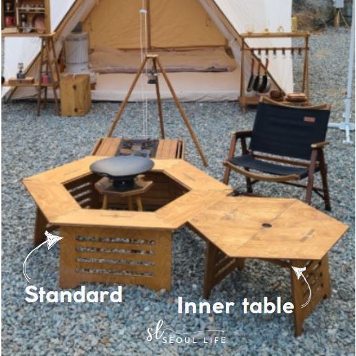 Wooden Hexagonal camping table, parasol stove, BBQ fire table, foldable & extendable table