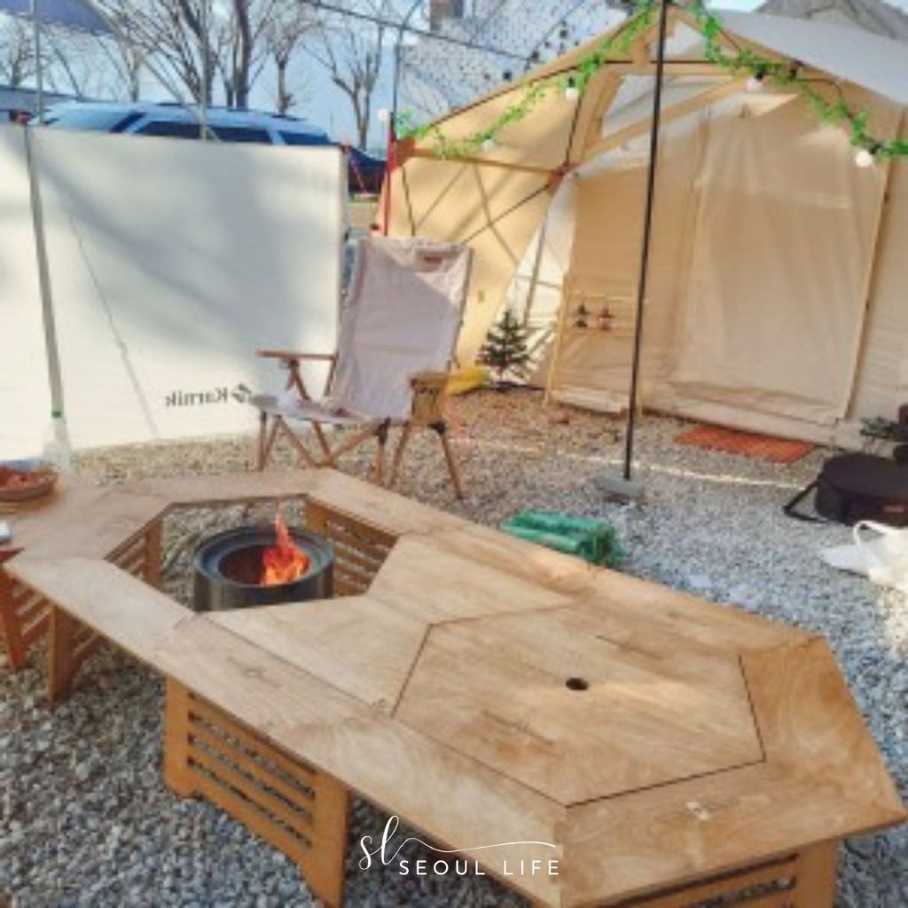 Wooden Hexagonal camping table, parasol stove, BBQ fire table, foldable & extendable table