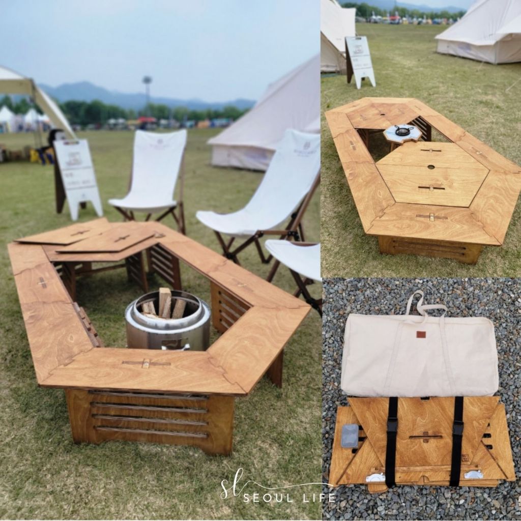 Wooden Hexagonal camping table, parasol stove, BBQ fire table, foldable & extendable table