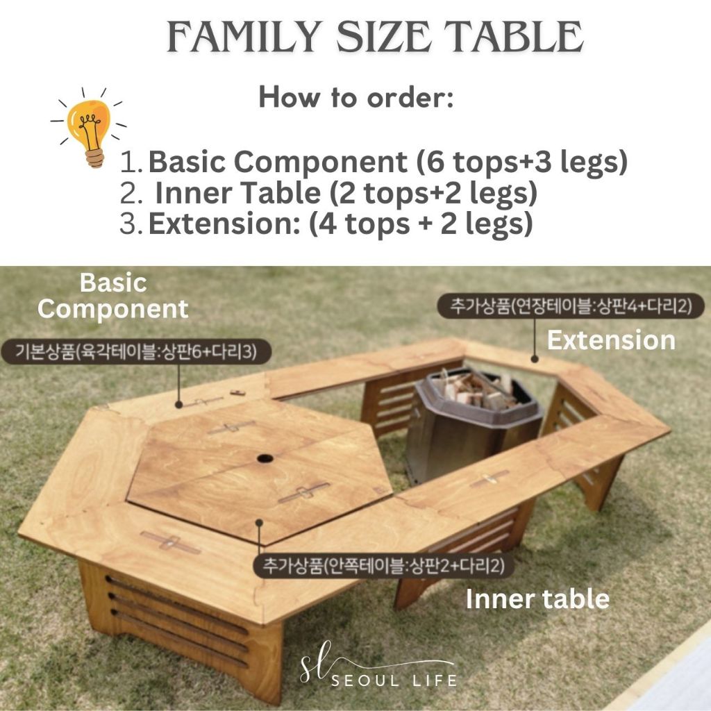 Wooden Hexagonal camping table, parasol stove, BBQ fire table, foldable & extendable table