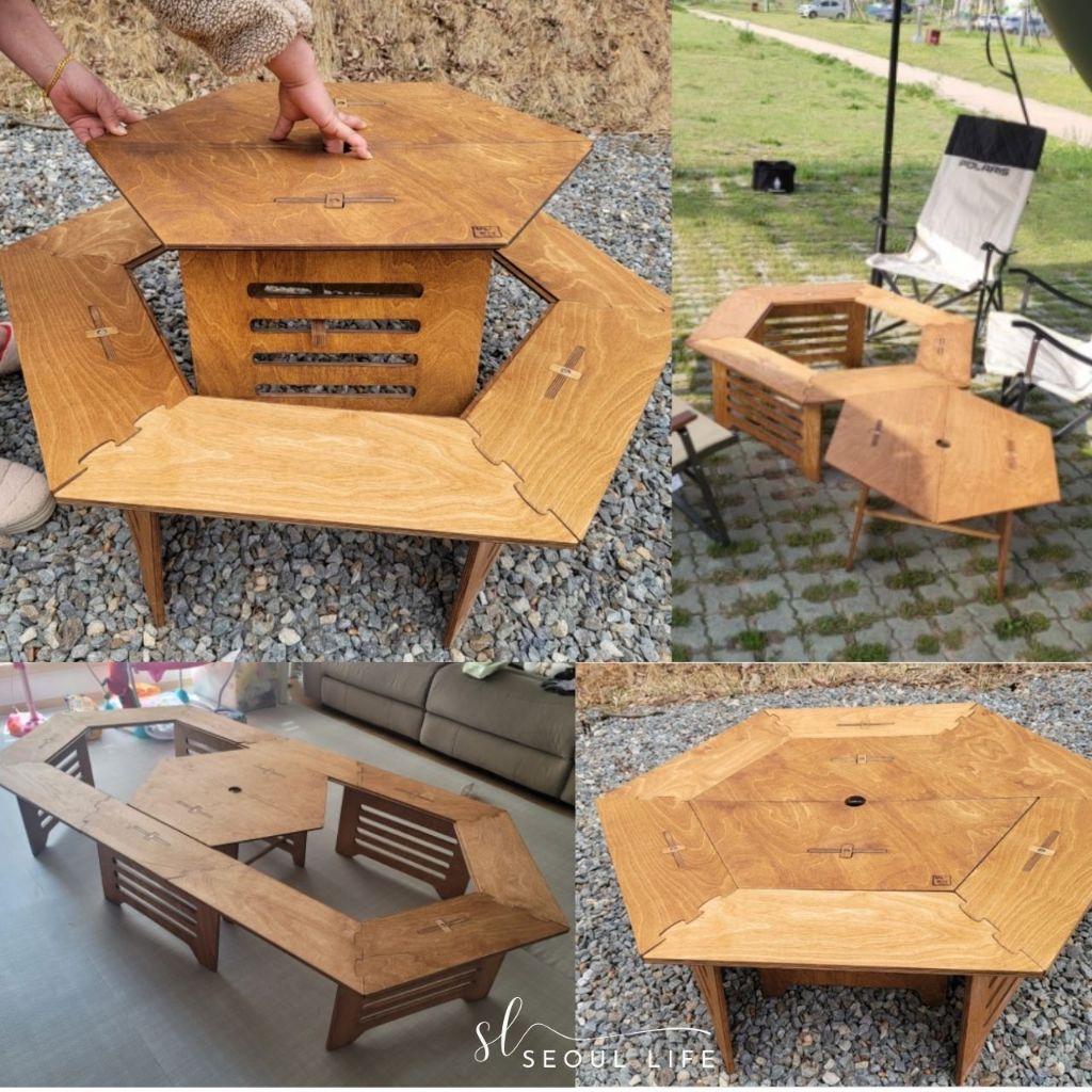 Wooden Hexagonal camping table, parasol stove, BBQ fire table, foldable & extendable table