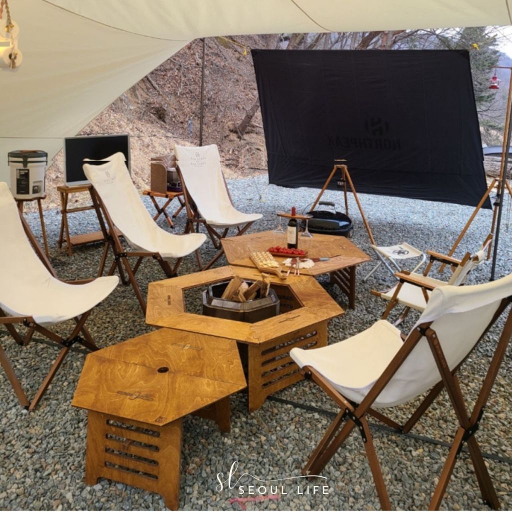 Wooden Hexagonal camping table, parasol stove, BBQ fire table, foldable & extendable table