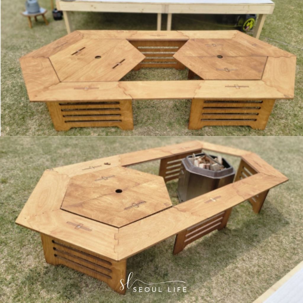 Wooden Hexagonal camping table, parasol stove, BBQ fire table, foldable & extendable table