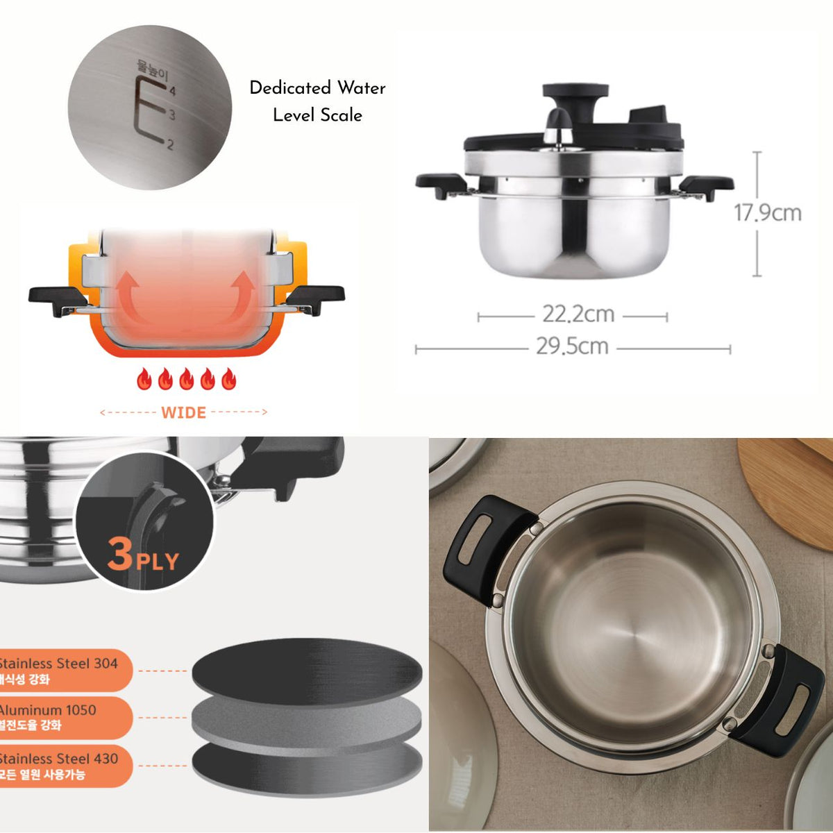 [PoongNyun] PN Korean Style Pressure Rice Pot 5-Piece Set | SUS 304 3-Ply