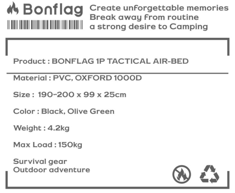 *Bonflag* Air Bed/Mattress for Single use, Air-pump included. Camping Gear