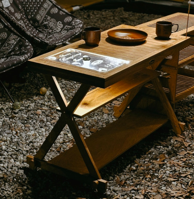 IGT Stove Plate Convertible Foldable Wood 3 Tier Table, Made by BEOMI Craft in Korea. Camping Rental