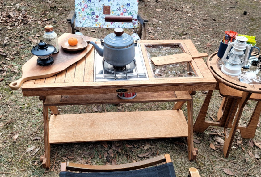 IGT Stove Plate Convertible Foldable Wood 3 Tier Table, Made by BEOMI Craft in Korea. Camping Rental