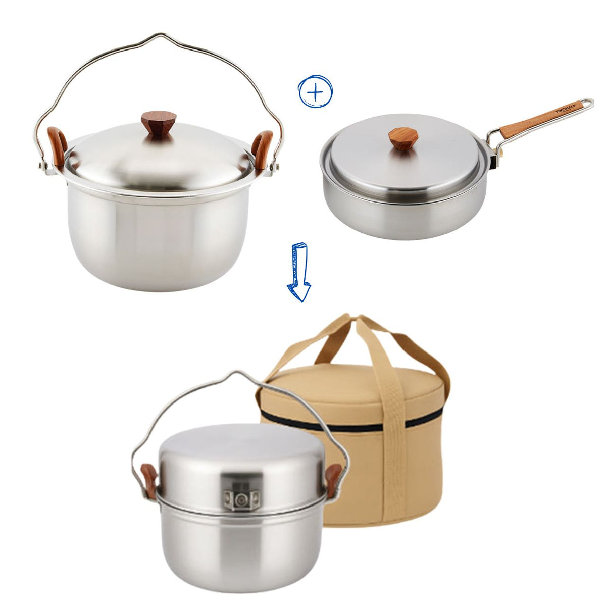 [Twohalf] 3-Ply SUS 304 All-in-One Outdoor Camping Cookware Set