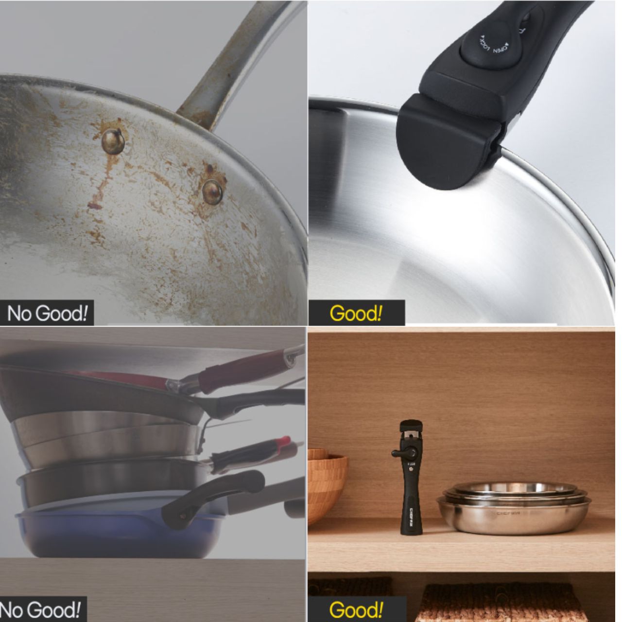 [Chefwin] 316STS(Ti) 22cm & 26cm Wok Set with Lids + detachable handle