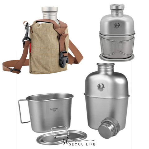 *Abenaki* Titanium Retro Water Bottle & Single Cooking Pot Set/ 1100ml water bottle & 700ml Pot & Sling Bag for camping