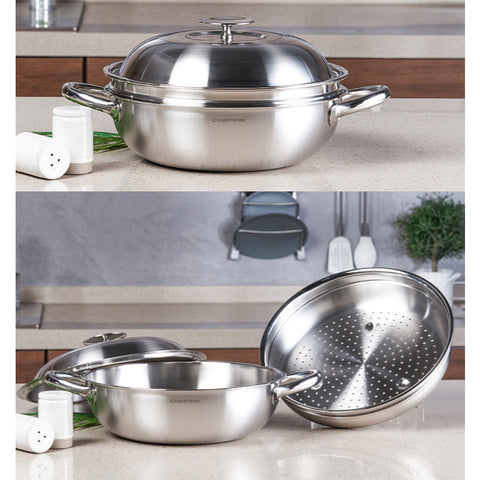 *Chefwin* Stainless 316 5-Ply Multi Wok 32cm/ Steam Plate & Stainless Lid.