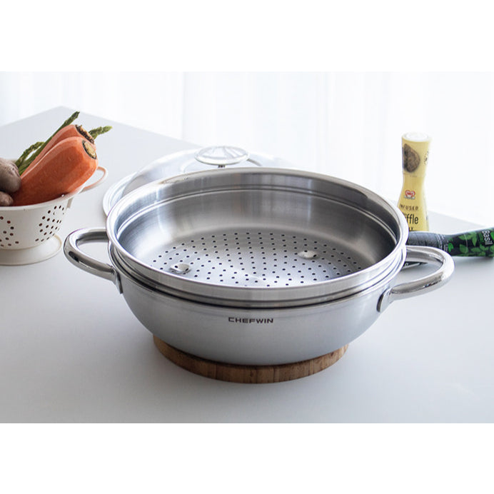 *Chefwin* Stainless 316 5-Ply Multi Wok 32cm/ Steam Plate & Stainless Lid.